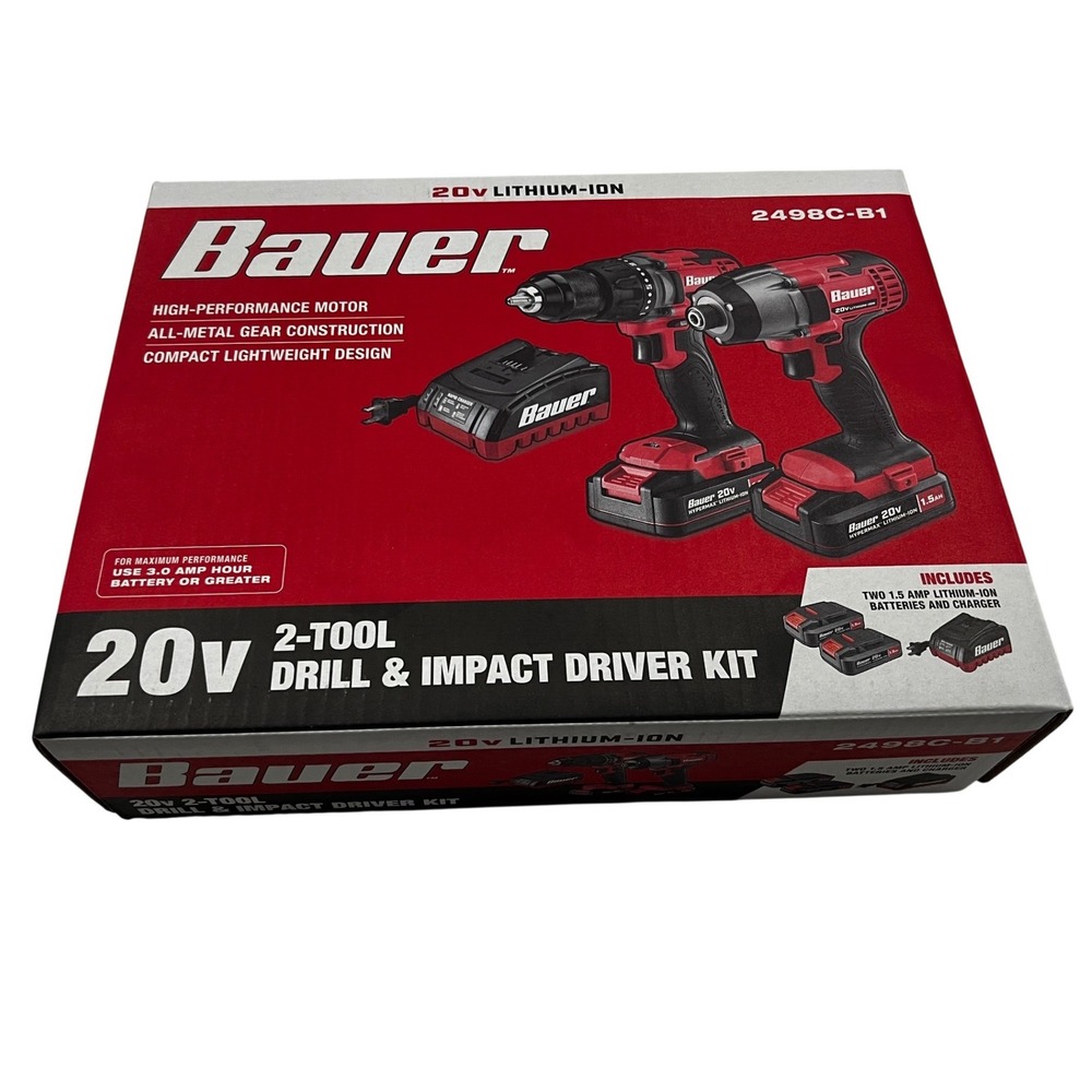 Bauer 20V Lithium-Ion 2-Tool Drill & Impact Driver Kit 2498C-B1 New unopened